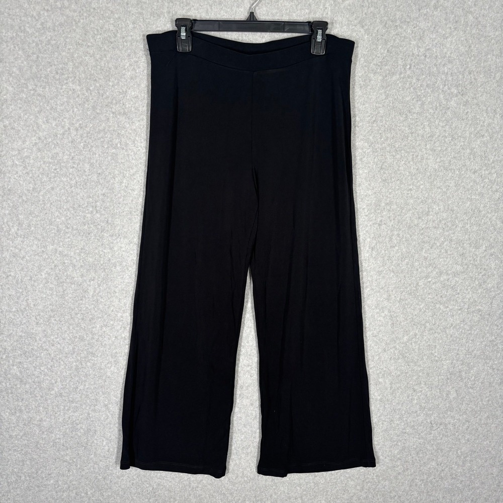 DKNY Slinky Wide Leg Crop Pants Large Black Liquid Travel Comfy Knit Lagenlook